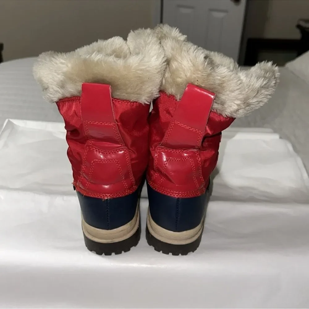 KHOMBU TESS 6 Navy Red Ivory Shearing Interior Lace Front Winter Boots